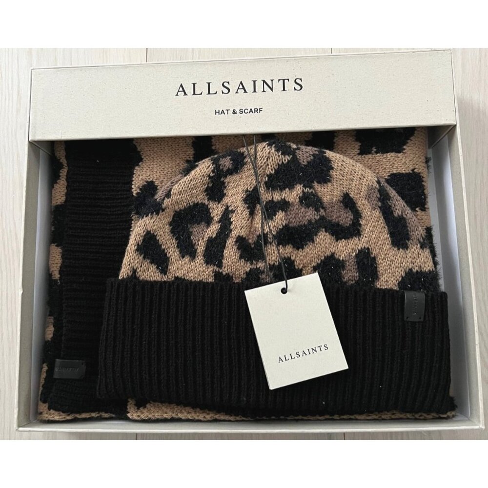 AllSaints Knit Leopard Black Beanie Hat & Scarf Set in Box